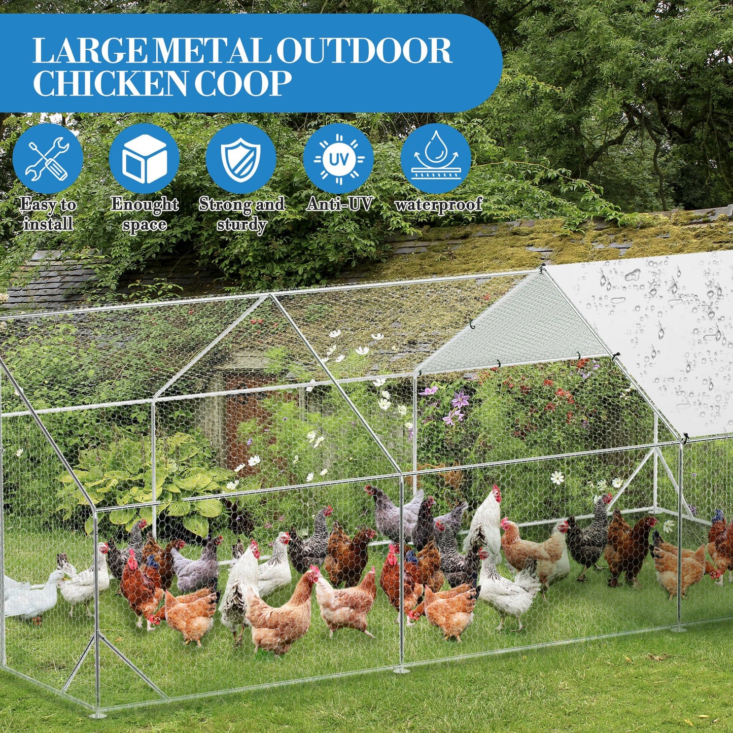 Large Metal Chicken Coop with Run, 9.8x19.7x6.6 Ft Walk in Chicken Runs for Outdoor Backyard, Heavy Duty Poultry Pen with Security Lock & Anti-UV Cover, Tri-Supporting Wire Mesh