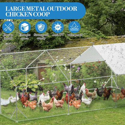Large Metal Chicken Coop with Run, 9.8x19.7x6.6 Ft Walk in Chicken Runs for Outdoor Backyard, Heavy Duty Poultry Pen with Security Lock & Anti-UV Cover, Tri-Supporting Wire Mesh
