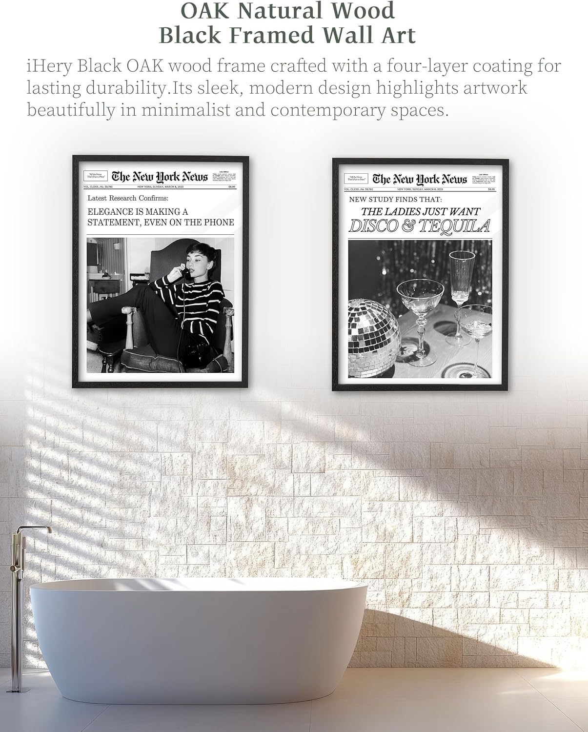 12x16in Set 1 iHery Natural Black OAK Wood Disco Tequila Newspaper Framed Wall Art, Trendy Modern Cocktail Bar Cart