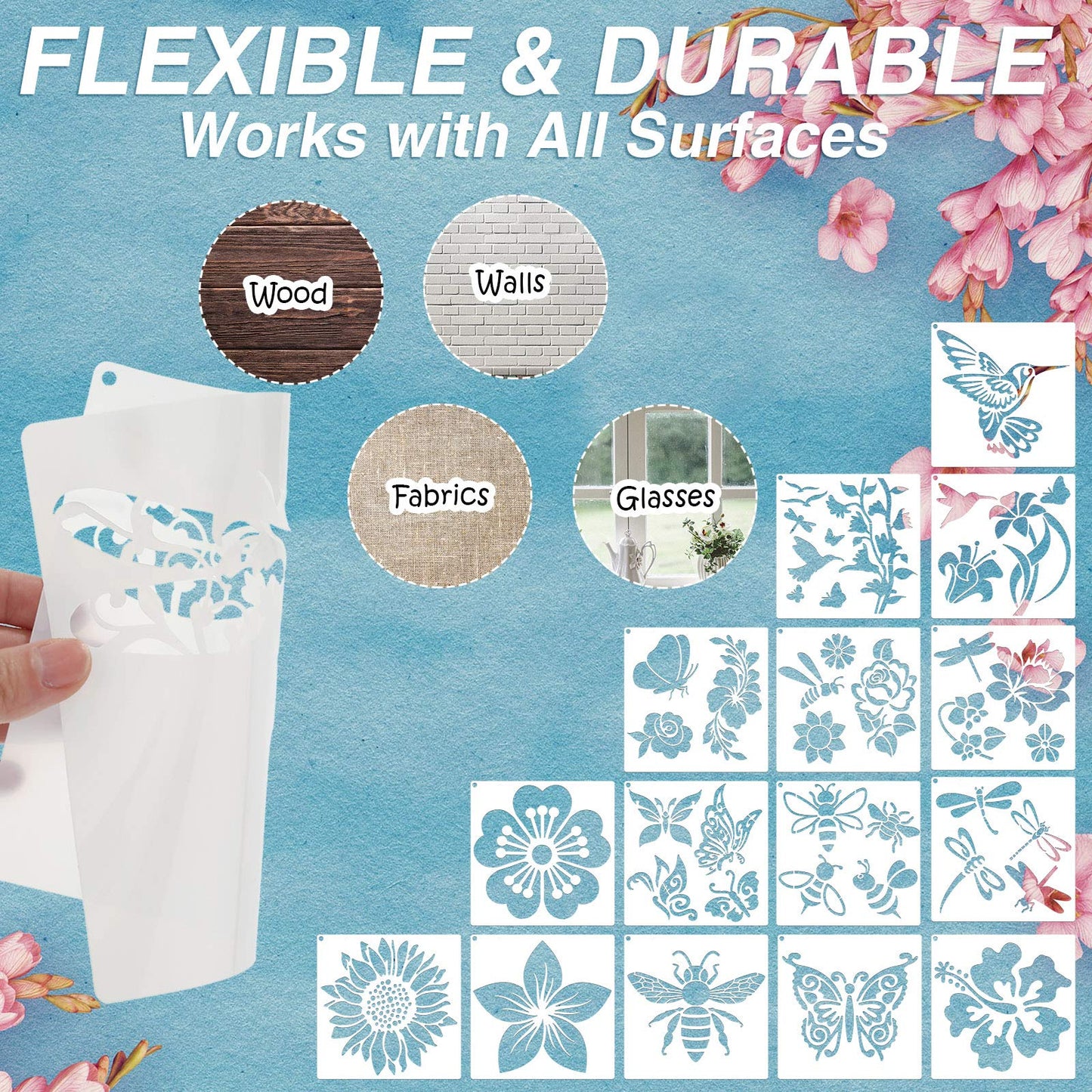 Zonon 16 Pieces Stencils for Painting, Reusable Large Butterfly Hummingbird Sunflower Stencil with Metal Open Ring, DIY Craft Templates for Spring Summer Wood Wall Canvas Home Decor(6.3 x 6.3 Inch)