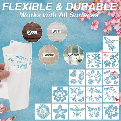 Zonon 16 Pieces Stencils for Painting, Reusable Large Butterfly Hummingbird Sunflower Stencil with Metal Open Ring, DIY Craft Templates for Spring Summer Wood Wall Canvas Home Decor(6.3 x 6.3 Inch)