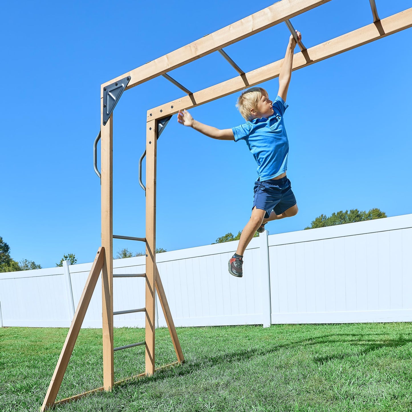 Backyard Discovery Dover Bay Spruce Wood Swing Set with Wave Slide, Clubhouse, Monkey Bars, Rock Wall, Belt Swings, Step Ladder, Toy Telescope, Chalkboard, Outdoor Playset