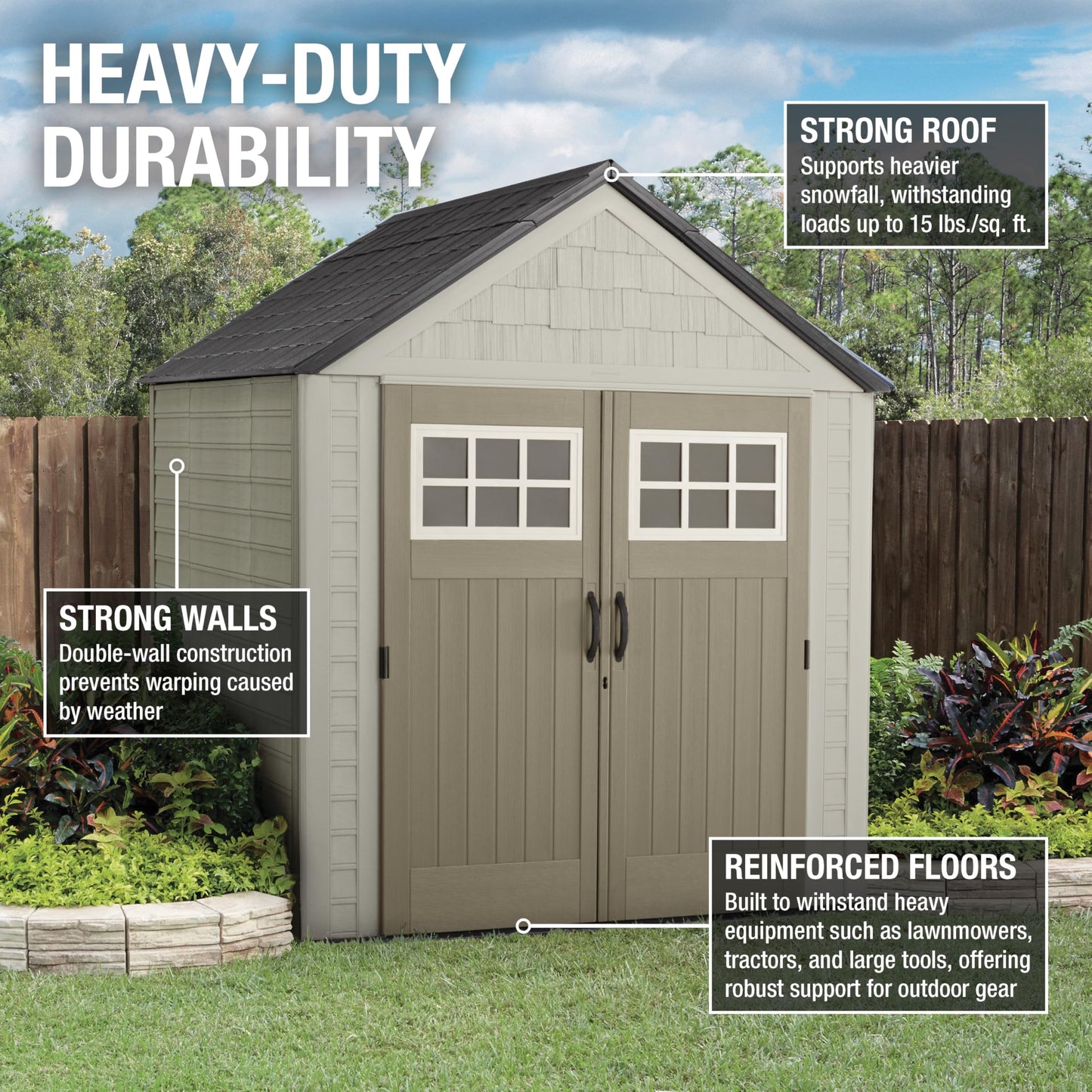 Rubbermaid 7 Foot by 7 Foot Weatherproof Outdoor Storage Shed for Garden Tools and Lawn Machinery Organization with Lockable Double Door Sandstone
