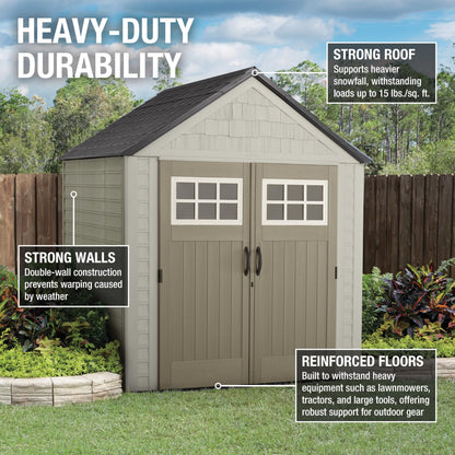 Rubbermaid 7 Foot by 7 Foot Weatherproof Outdoor Storage Shed for Garden Tools and Lawn Machinery Organization with Lockable Double Door Sandstone