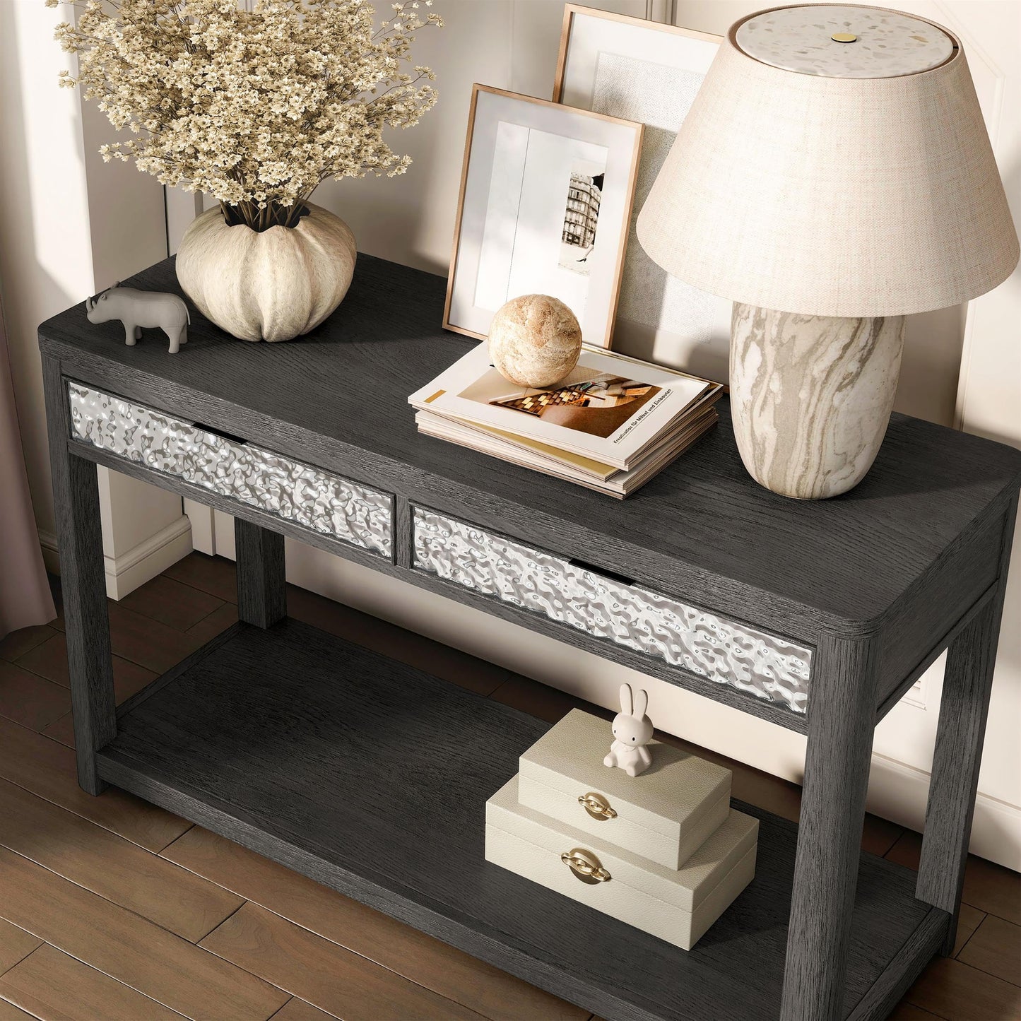 Furniture of America Selyra Modern Contemporary Solid Wood 48-inch Sofa Table with Dented Stainless Steel Accents, Wire Brush and Drawer on Ball-Bearing Glides for Living Room, Ash Gray
