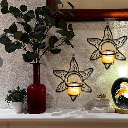 Set 2 Lilys Home Southwestern Sun Decorative Votive Candle Tea Light Wall Mount Sconces, Black Steel, with Clear Glass