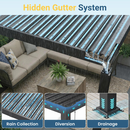 10' x 12' Louvered Pergola, Metal Outdoor Pergola with Adjustable Louvered Roof & Gutter System, Hardtop Patio Gazebo for Backyard, Deck, Garden, Dark Gray