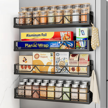 Mystozer 16.9 Inch Wide Large Capacity Magnetic Spice Rack for Refrigerator,4 Pack Metal Fridge Shelf Apartment Essentials Fridge Organizer Magnetic Storage Fridge Magnet Organizer(Black)
