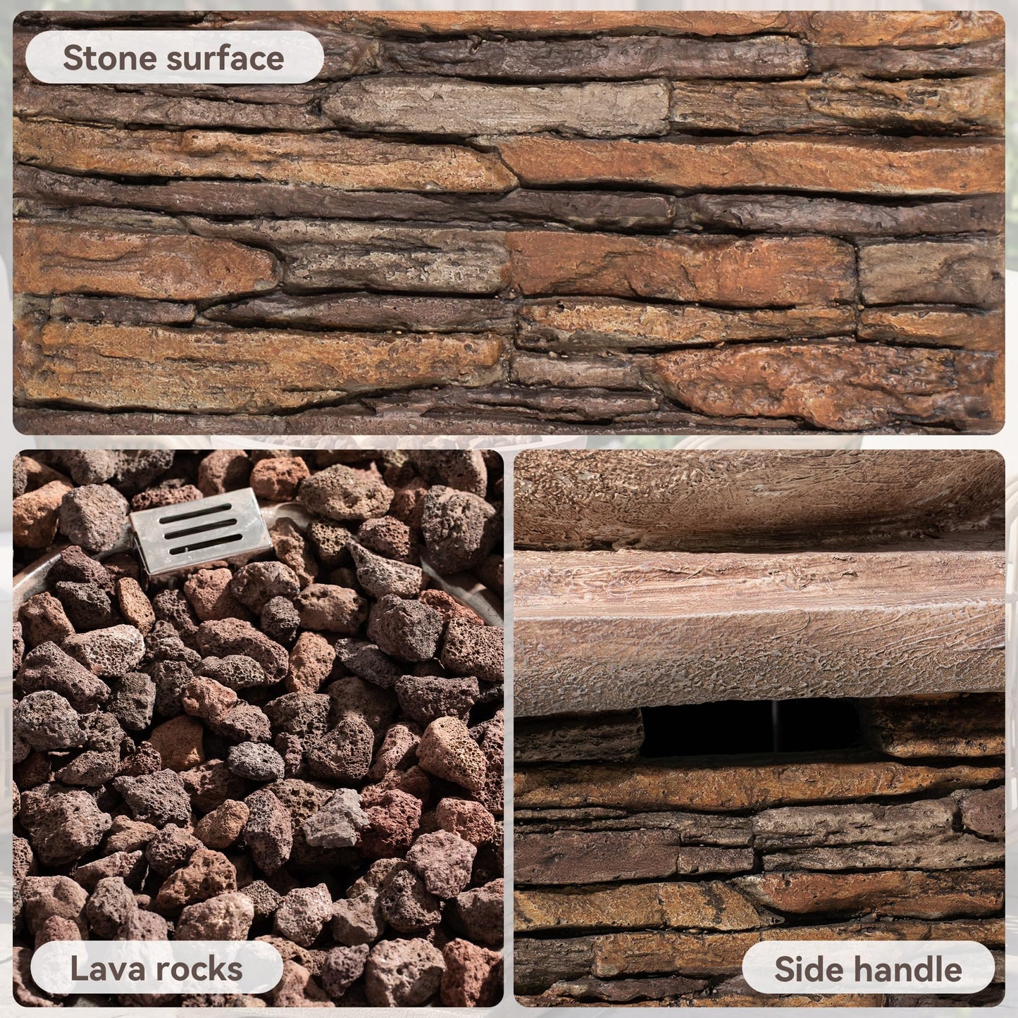 COSIEST Outdoor Propane Fire Pit Table w Faux Brown Compact Ledge Stone 20" Square Base and Faux Rose-Marble Round Bowl, Certified, 40,000 BTU, Free Lava Rocks, Fits 20lb Tank Inside, Raincover