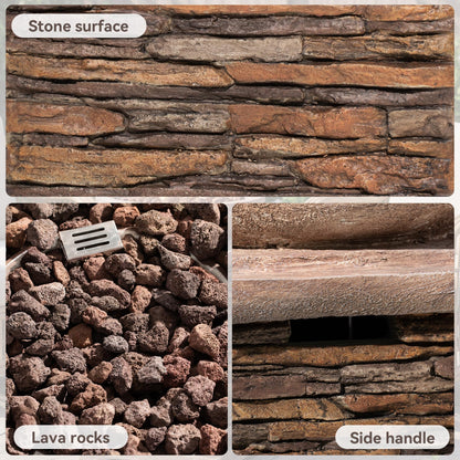 COSIEST Outdoor Propane Fire Pit Table w Faux Brown Compact Ledge Stone 20" Square Base and Faux Rose-Marble Round Bowl, Certified, 40,000 BTU, Free Lava Rocks, Fits 20lb Tank Inside, Raincover
