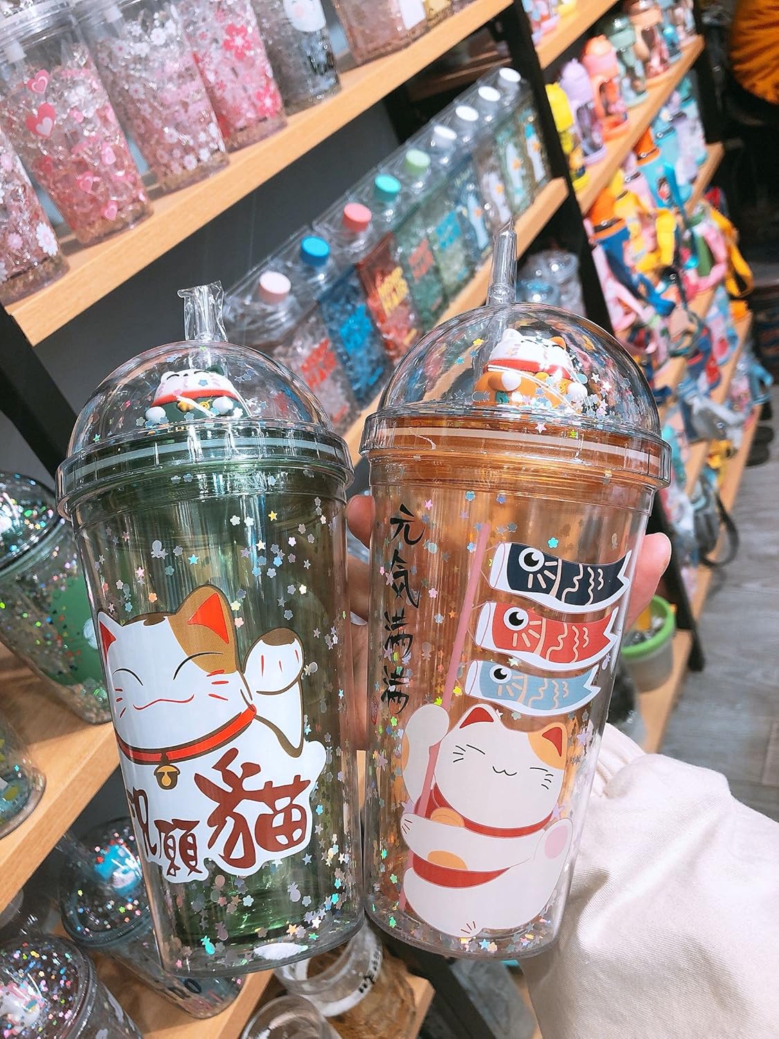 Lucky Cat Travel Mug with Straw, Blue Drinking Cup with Strap for Picnic Party Birthday (Lucky Cat Green, 430 ml)