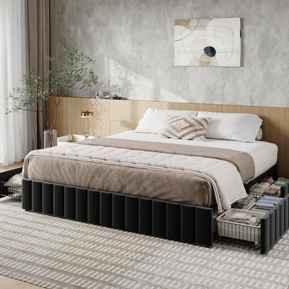 Allewie King Size Platform Bed Frame with 4 Large Storage Drawers, Velvet Vertical Channel Tufted Upholstered Bed Base, Wooden Slats Support, Noise-Free, No Box Spring Needed, Easy Assembly, Black