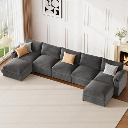 Sectional Couches for Living Room FSC Certified Velvet Modular Couch Oversized Cloud U Shaped Convertible Sleeper Sofa Chaise Detachable Armrest Cushion (Velvet Grey, U Shape 7 Seat)