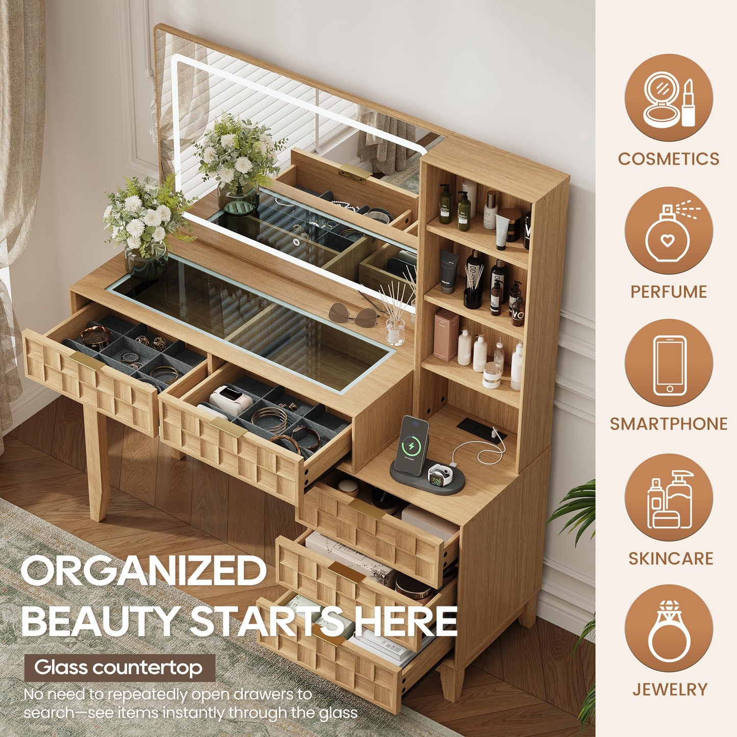 MALOL 50" Checkerboard Vanity Desk, Large Glass Top Dressing Table with 5 Drawers & 4 Storage Shelves, Wooden Makeup Vanity with Built-in Power Strip with USB & Type-C, Natural Wood