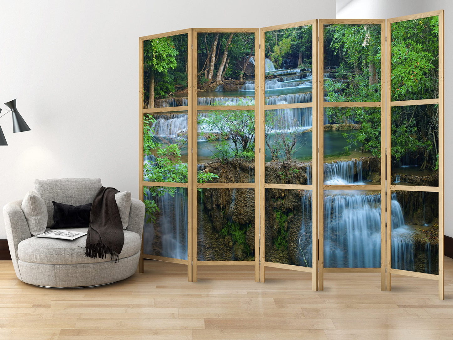 artgeist Japanese Room Divider XXL Landscape Waterfall Nature 90 x 67 in - 5 Panel Folding Screen Japan Design Home Decoration Art Deco Forest c-B-10008-z-a