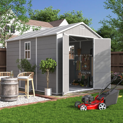UDPATIO Resin Storage Shed 7.5x10.7 FT, Outdor Plastic Shed for Garden Tools Pool Equipment, Outside Sheds with Lockable Door for Backyard, Patio, Lawn, Grey & White
