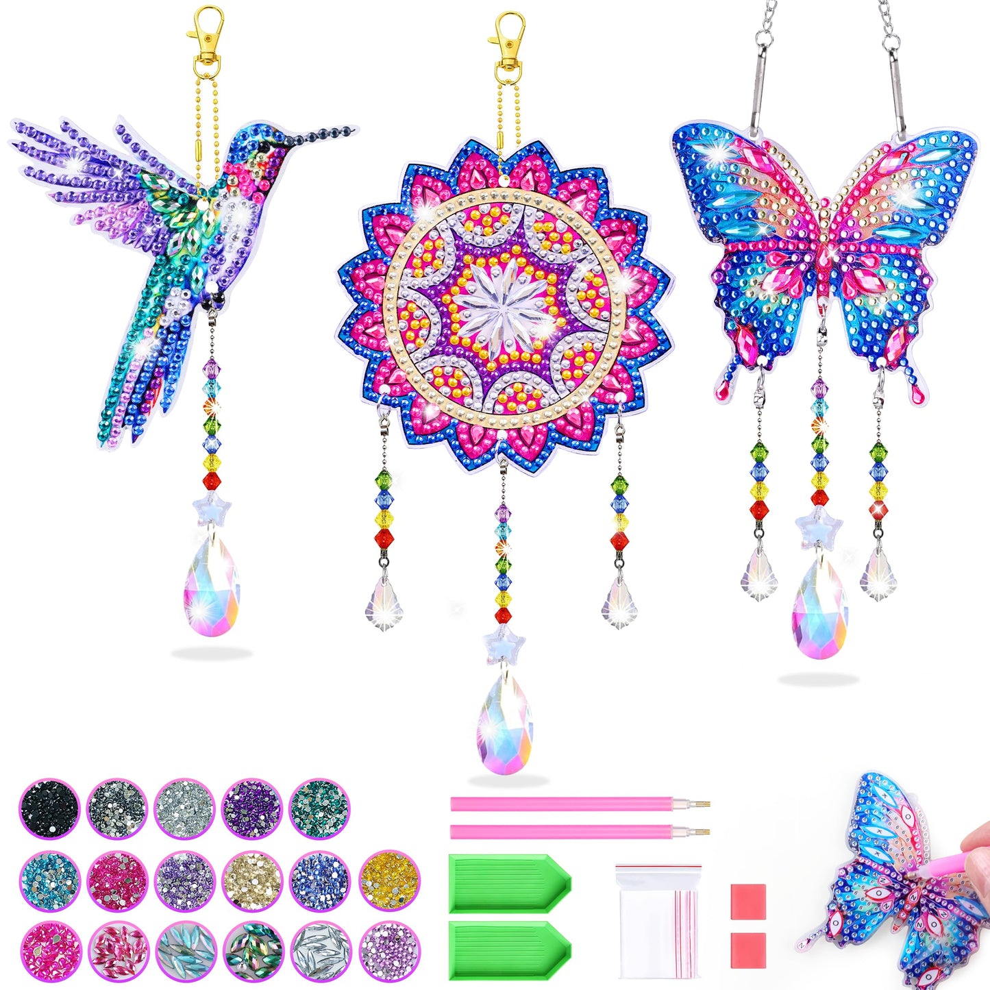 Crafts for Girls 8-12, Diamond Art Kits for Girls Ages 10-12, 3 PCS Diamond Art, DIY Suncatchers & Wind Chime Kits for Kids, Great Arts & Crafts Birthday Gift, Pretty Home/Garden/Backpack décor