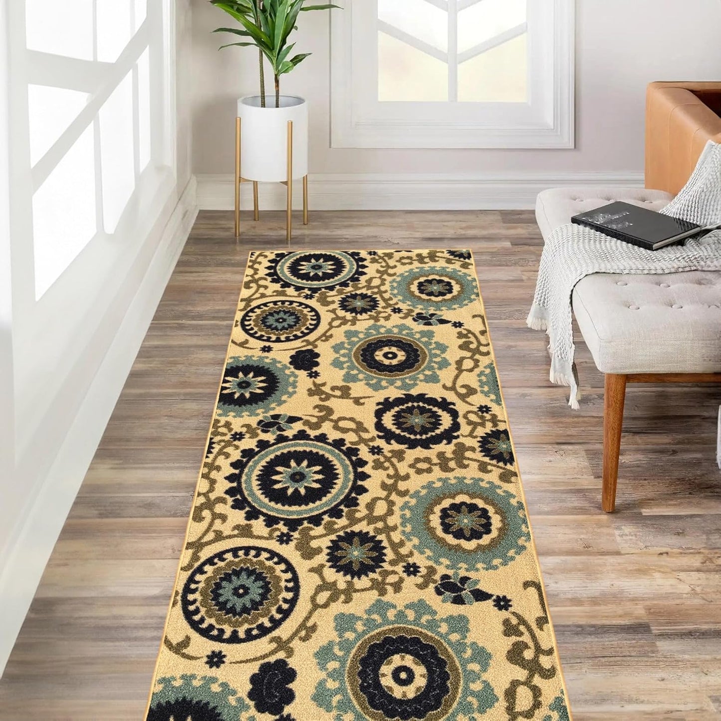 Custom Size Beige Floral Medallion Rubber Backed Non-Slip Hallway Stair Runner Rug, 31 Inch Wide, Choose Your Length