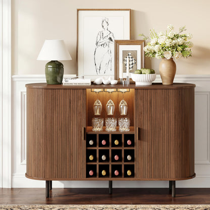 55" Wine Cabinet, Fluted Coffee Bar Cabinet with LED Light, Modern Liquor Coffee Station with Power Outlet, Wine Rack & Glass Holder, Sliding Door Buffet Sideboard Table for Kitchen, Entryway, Walnut