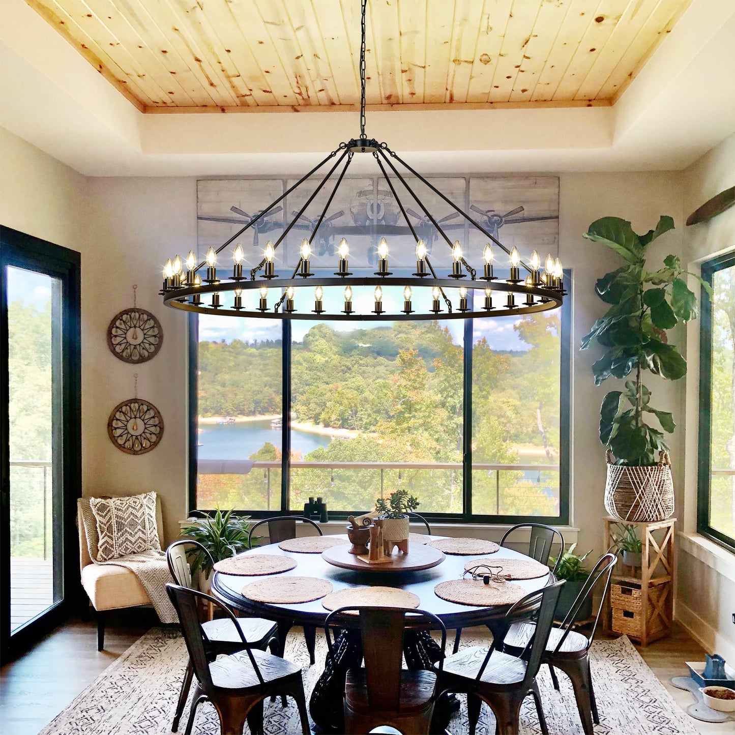 HermnJakk Black Wagon Wheel Chandelier 60-Inch 36-Light,Extra Large Round Rustic Farmhouse Chandelier Metal Circle Chandeliers for Dining Room Living Room High Ceilings