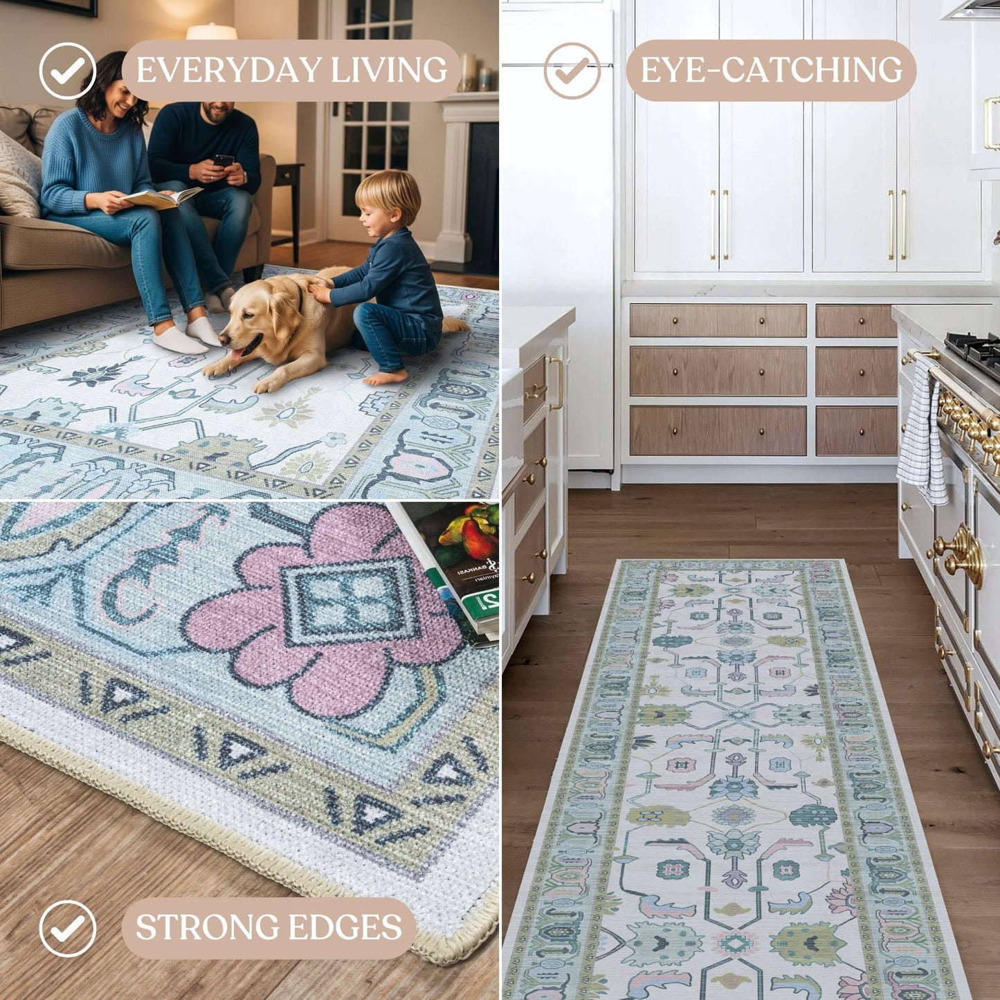 Fame Living Cream Green Oushak Rug, Modern, Vintage, Turkish, Eclectic, Floral, Pastel, Washable, Large Area Rugs for Living Room, Dining, Bedroom, Girls, Boys, 7'5"x9'8"