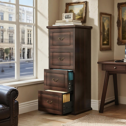 Tribesigns 4-Drawer File Cabinet, Vertical Wood Filing Cabinet for A4/Letter/Legal Size, Tall File Storage Printer Stand with Hanging Rails for Home Office, Classic Dark Walnut Finish