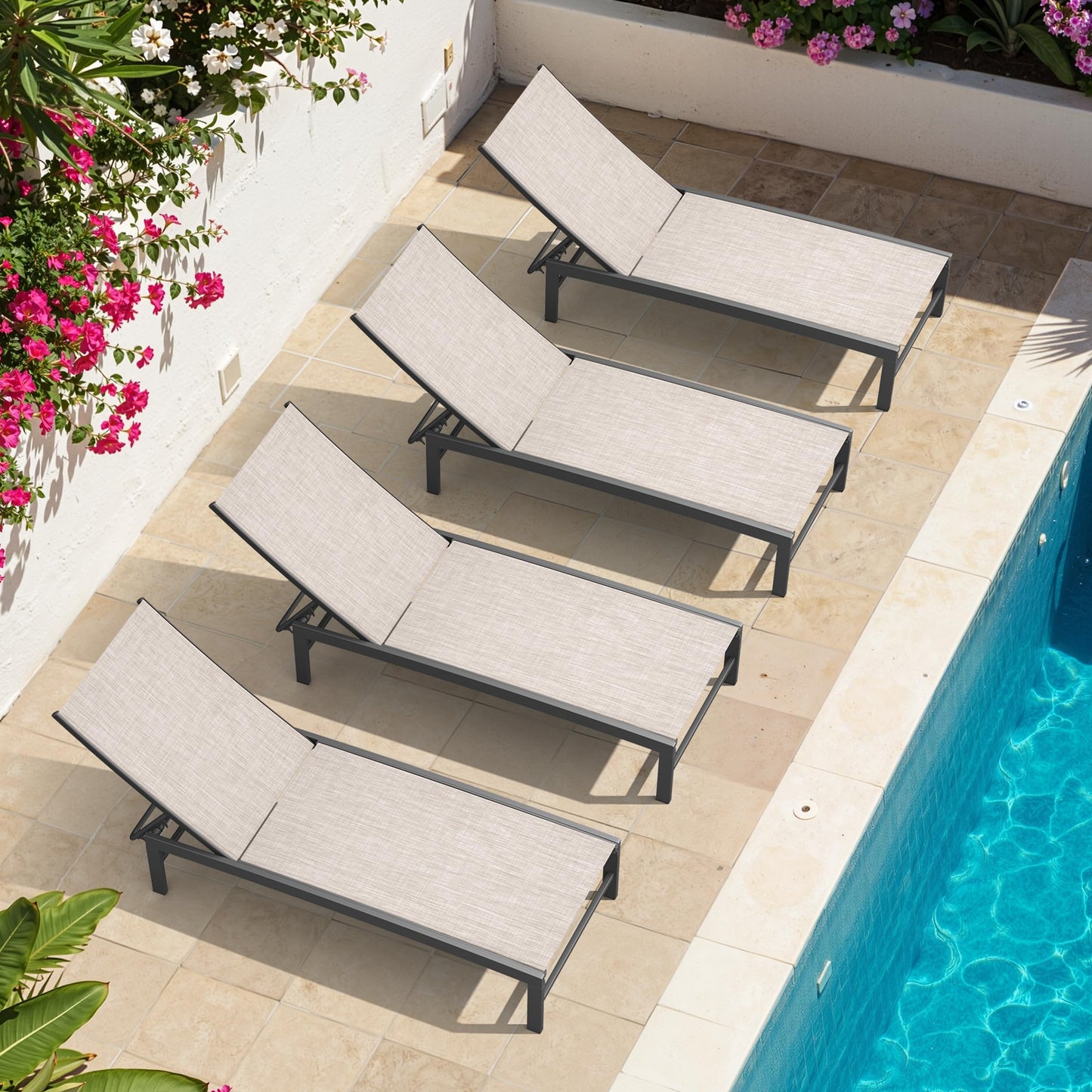 Crestlive Products Chaise Lounge Chair Outdoor Set of 4, Adjustable 5 Positions Pool Lounge Chairs, Metal Tanning Recliner, Outdoor Furniture All Weather for Patio, Beach, Yard, Pool(Beige)