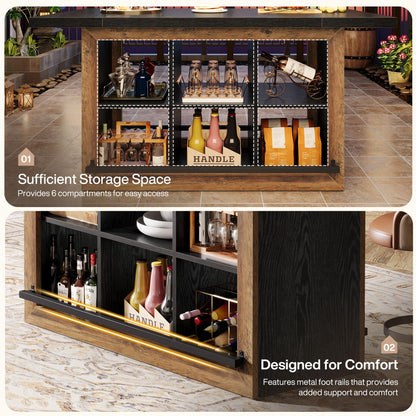 Tribesigns Bar Table with Storage, 62.6" Rectangular Home Bar Cabinet Unit with 6 Spacious Cubbies and Metal Footrests, Large Counter Height Pub Table for Home Kitchen, Dining Room, Brown & Black