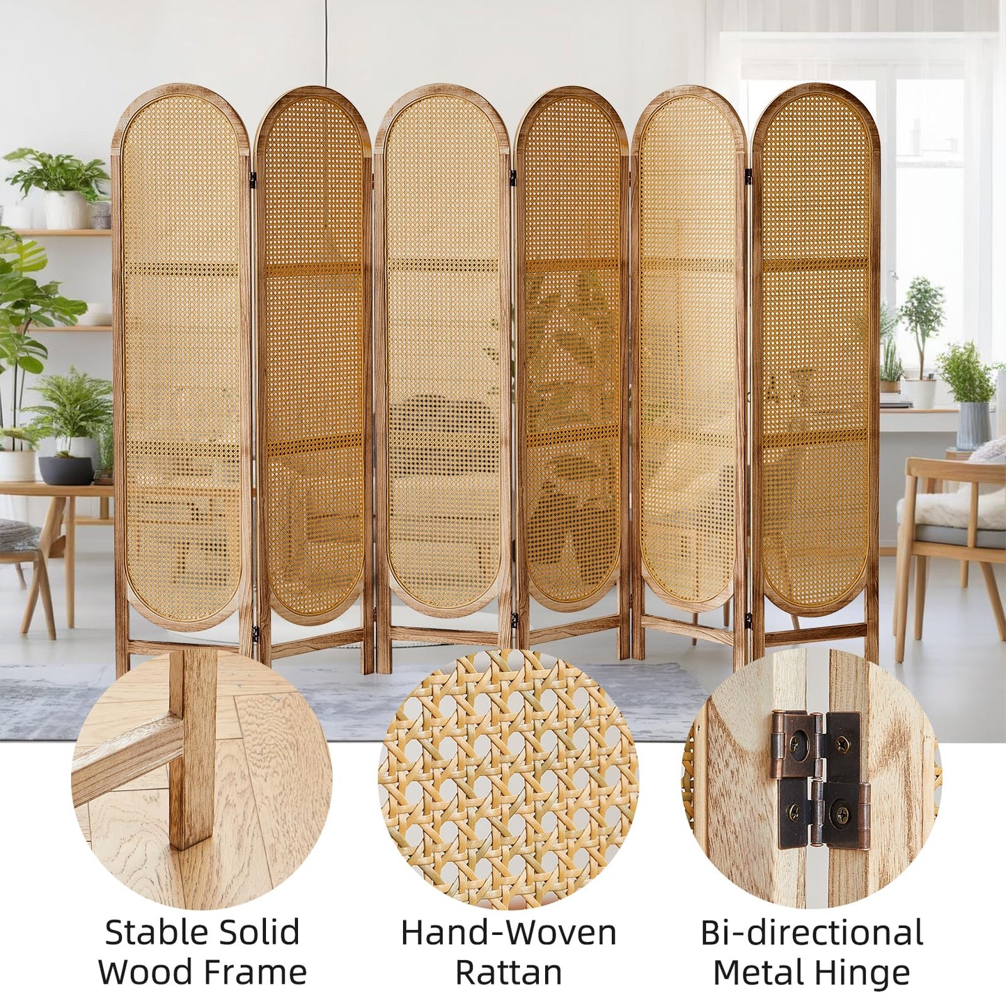 Asnefeli 6 Panels Room Divider, Foldable Wooden Room Divider, Individual Privacy Screen Made of Hand-Woven Rattan, Portable Wall Divider for Home Office Bedroom Bathroom Dressing Room (Natural)