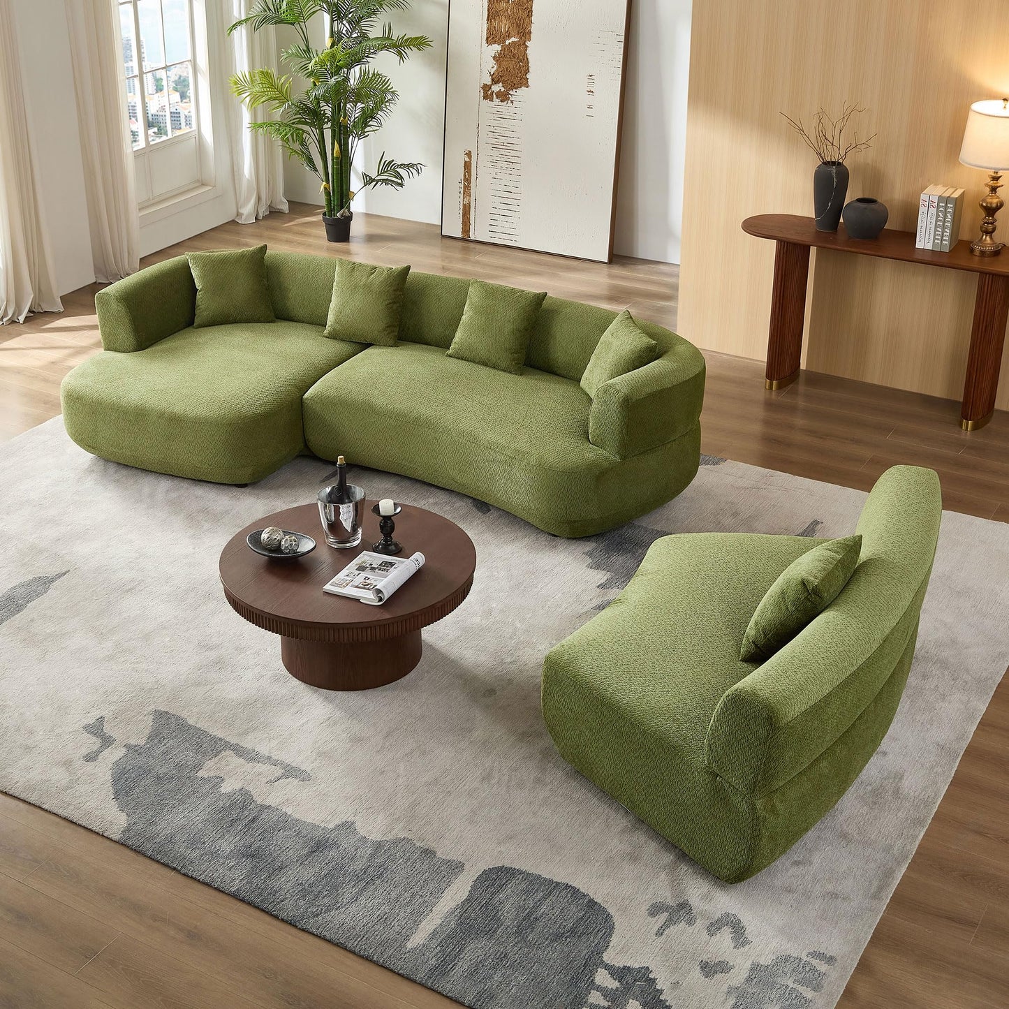 KEIKI 177" Curved Oversized Boucle Modular Sectional Sofa with Left Chaise, Upholstered 6-Seater Comfy Couch with 40D High-Resilience Seat Cushion & 5 Pillows, Easy Assembly, for Living Room, Green
