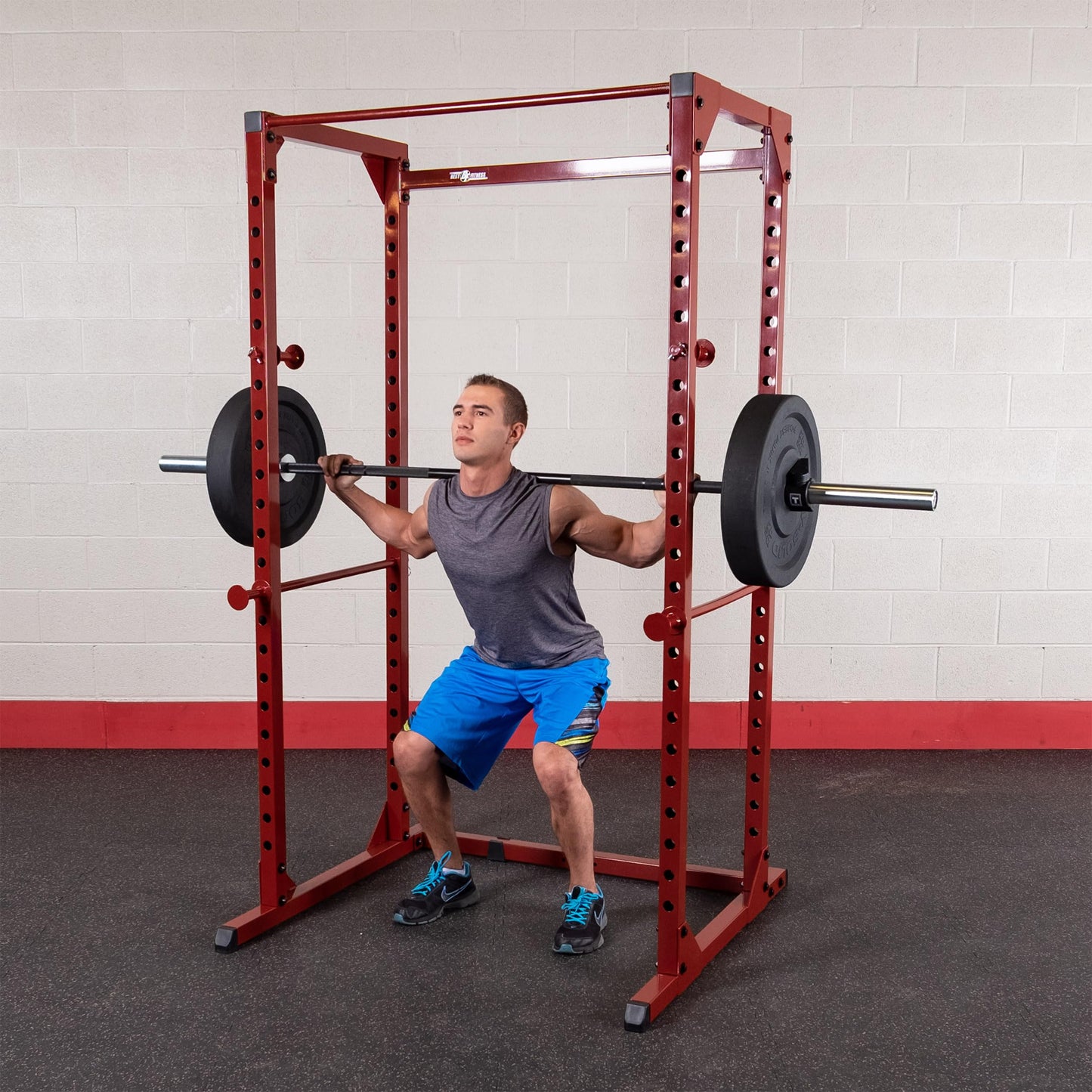 Body-Solid Best Fitness Power Rack - 14-Gauge Steel Home Gym with 500lb Capacity, Chin Bar, 23 Adjustable Safety Bars, Optional LAT & Dip Attachments, Red