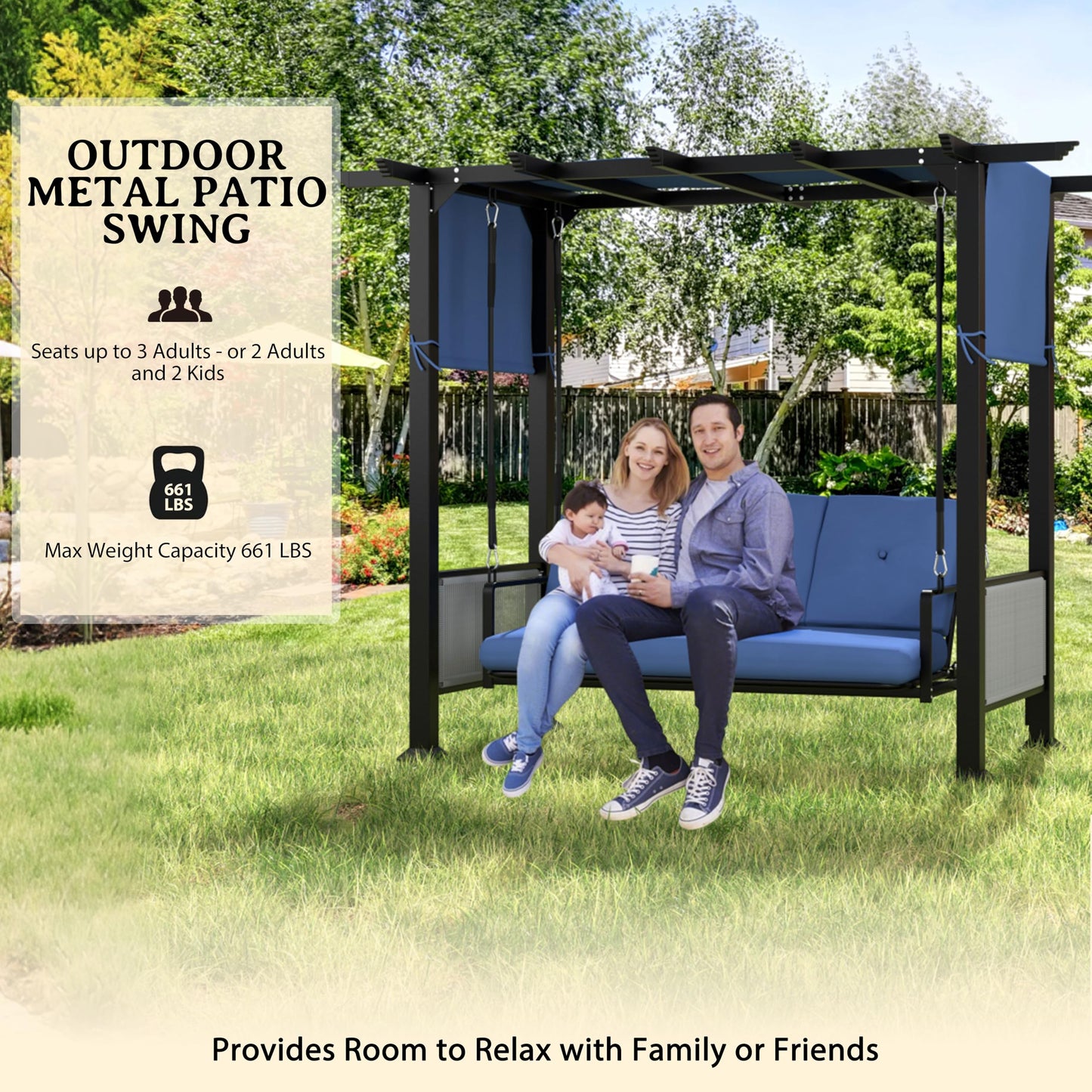 BlueWish 3-Seat Porch Swing, Outdoor Metal Pergola Swing Bed Hanging Cloud Swing Chair with Adjustable Curtains, Patio Hammock Swinging with Cushion for Porch, Backyard, Garden, Blue
