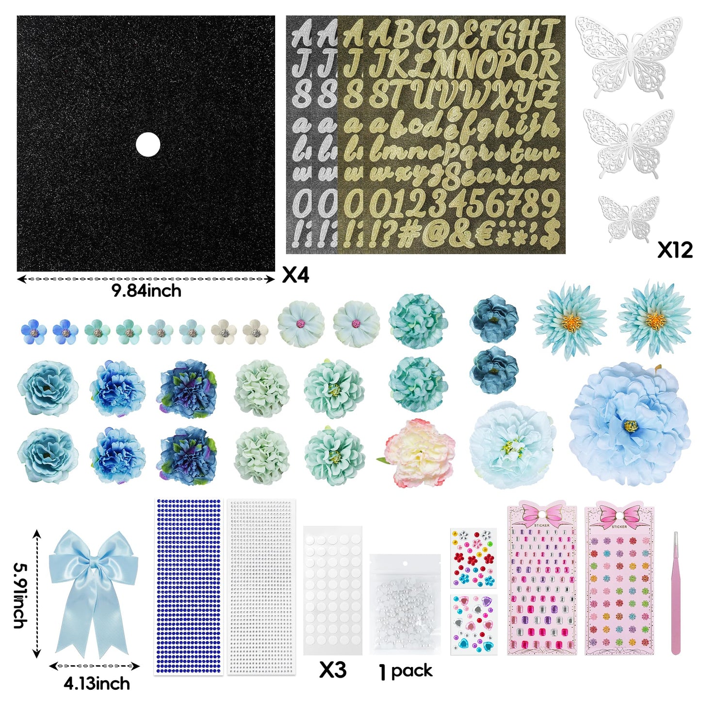 2026 Graduation Cap Decorations Kit,56 Pcs DIY Grad Cap Topper Decor Set with Artificial Flowers Bow 3D Butterflies Adhesive Glitter Letter Number Stickers Rhinestones for Graduation Decor