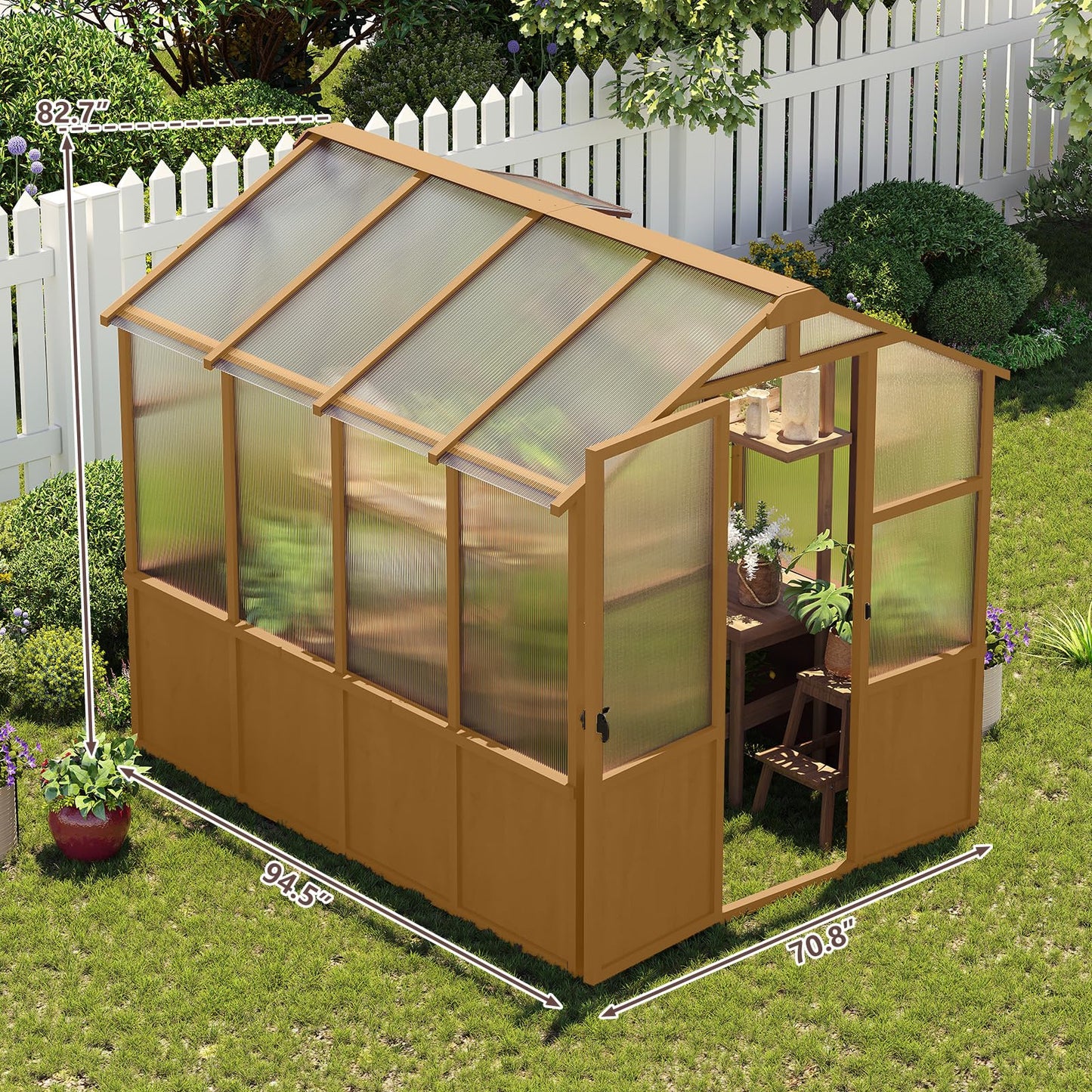 6x8 FT Outdoor Wood Greenhouse, Heavy Duty Solid Pine Wooden Walk-in Green House with 6MM Thick Polycarbonate Panels, Adjustable Roof Vent and Lockable Door, Garden House for Backyard Patio Lawn