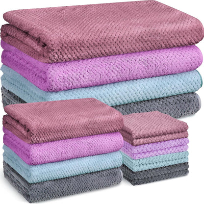 12 4 Sets Set Hotel(4 Preboun Pcs Bath Towels and Washcloths Microfiber Bathroom Beach Pool Towel Quick Dry Coral