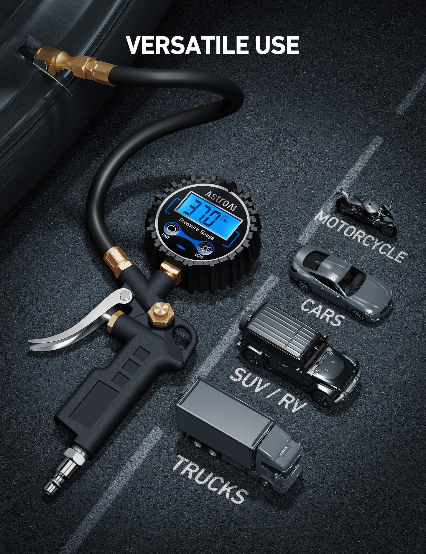 AstroAI Digital Tire Pressure Gauge with Inflator, 3-250 PSI Air Chuck & Compressor Accessories Heavy Duty with Quick Connect Coupler, 0.1 Display Resolution, 1pack