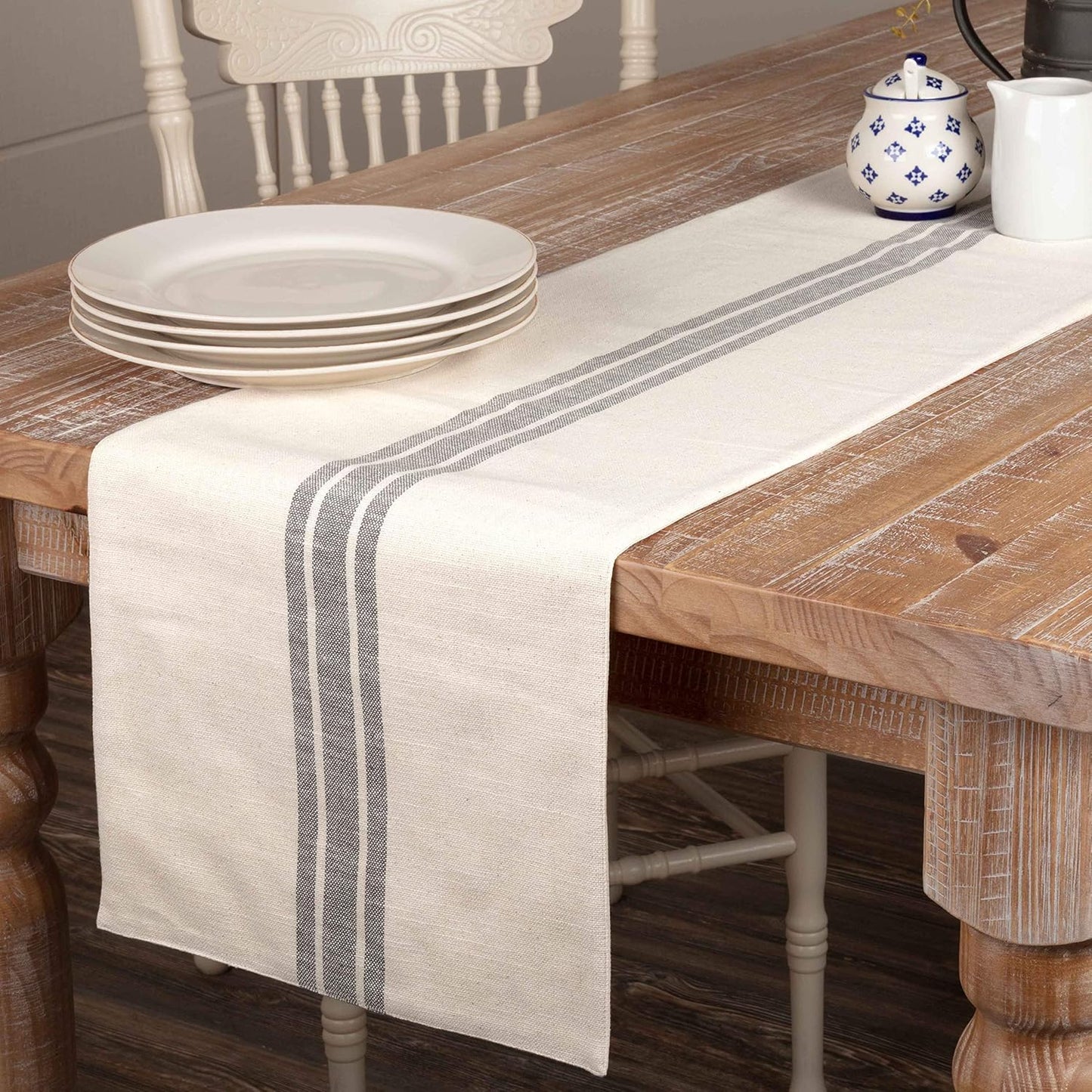 Market Place Gray Grain Sack Stripe Table Runner, 13" x 72", Farmhouse Style Gray and Cream Tabletop D cor