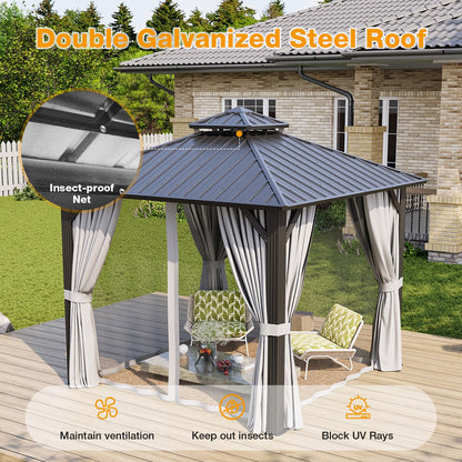 Breezestival 10x10FT Hardtop Gazebo, Metal Frame with Double Galvanized Steel Roof, Permanent Outdoor Pergola with Curtains and Netting Included for Backyard, Patio, Lawn and Garden, Gray