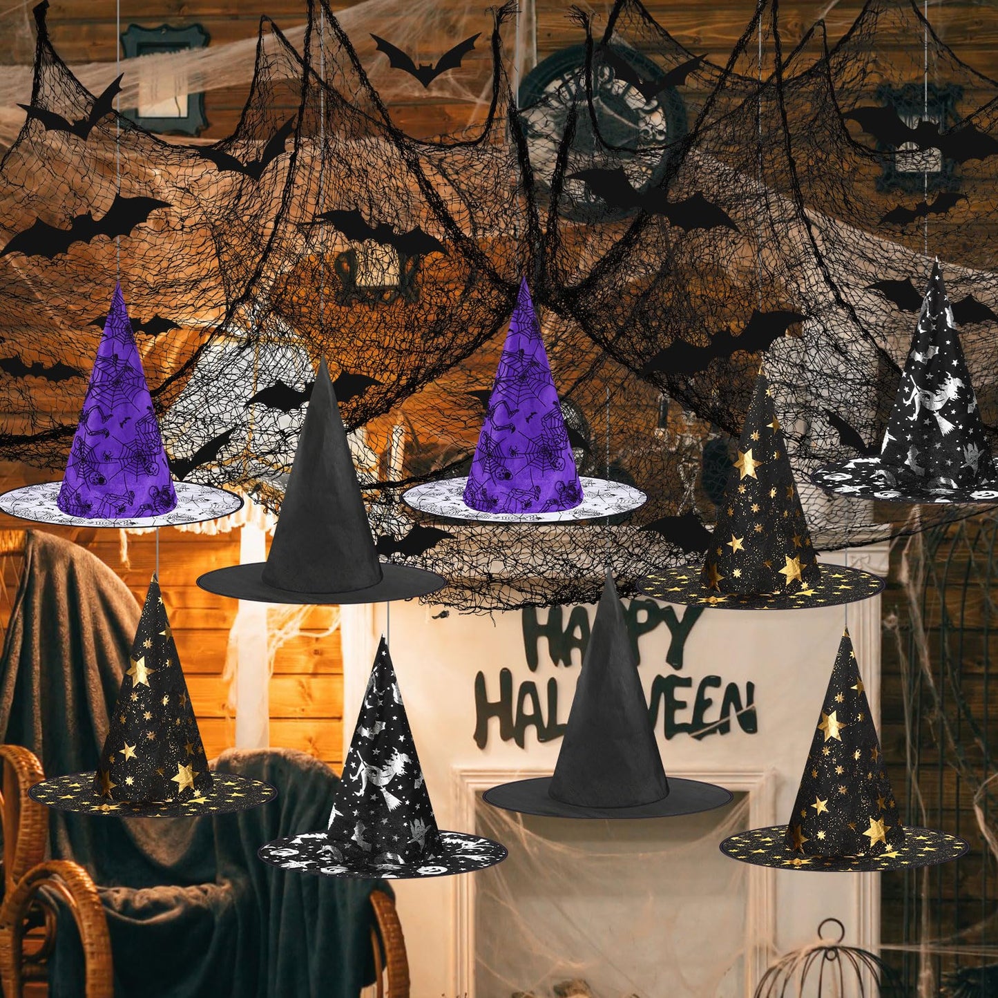 Jenaai 85 Pcs Witch Hat Kit Halloween Decorations Including 16 Hats 36 Bat 30 Fake Spiders 2 Creepy Cloth 60g Spiderweb