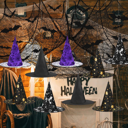 Jenaai 85 Pcs Witch Hat Kit Halloween Decorations Including 16 Hats 36 Bat 30 Fake Spiders 2 Creepy Cloth 60g Spiderweb