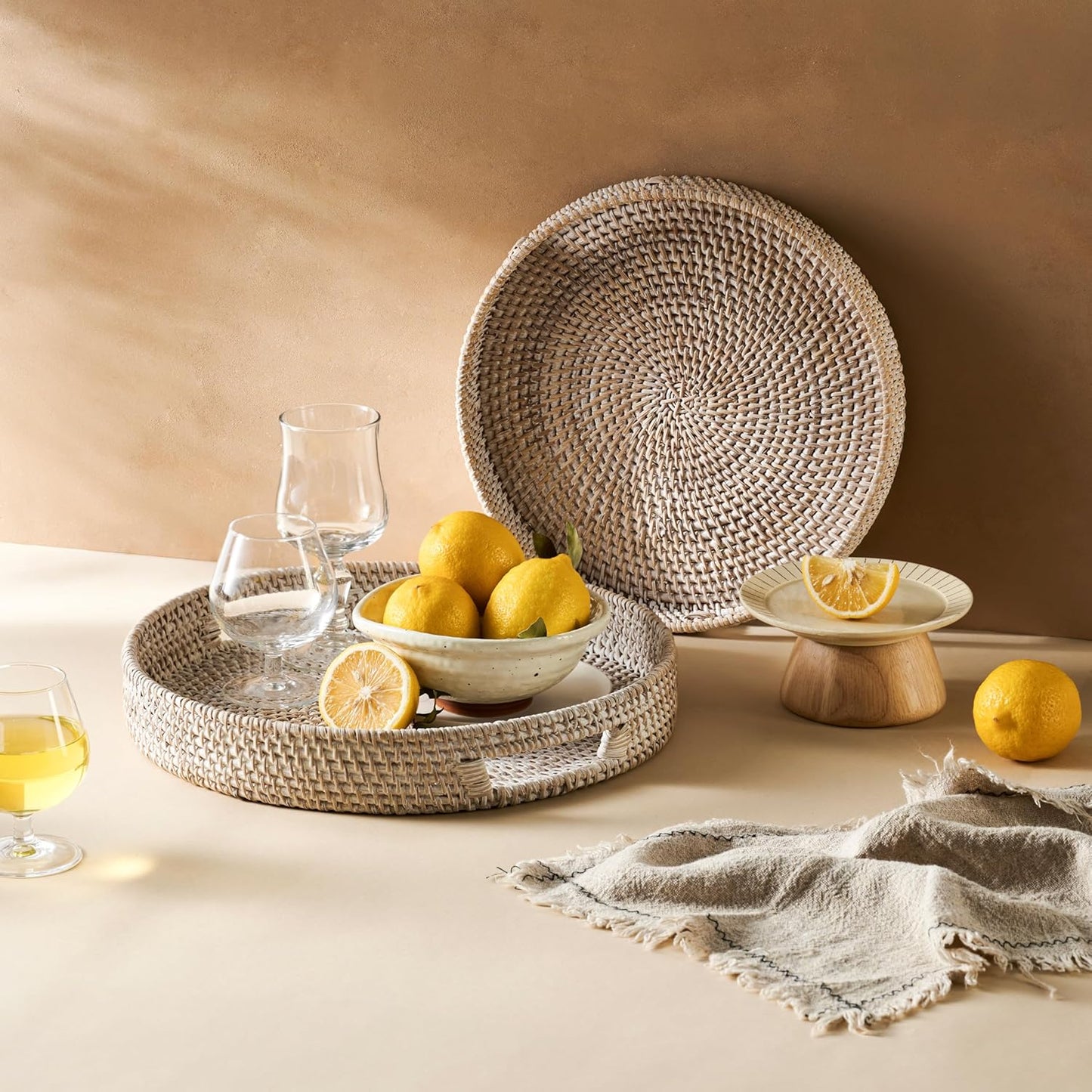 14 Counter JUNGLE CULTURE Handmade Round Wicker Tray Whitewashed Large Decorative Rattan Serving Basket for Coffee