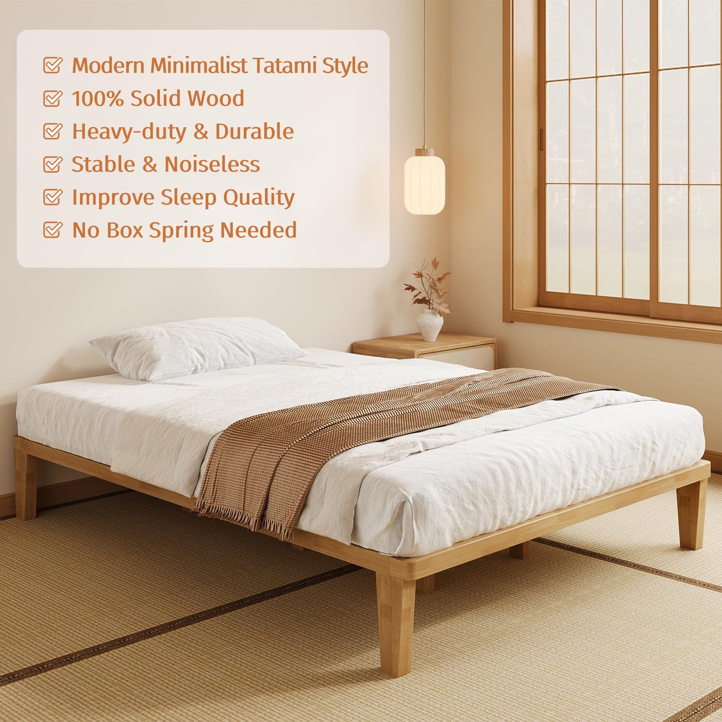 IOTXY Full Platform Bed Frame - 12 Inch Solid Wood Mattress Foundation Base with Heavy-Duty Support Slats & Legs, Rubberwood Full-Size Bedframe