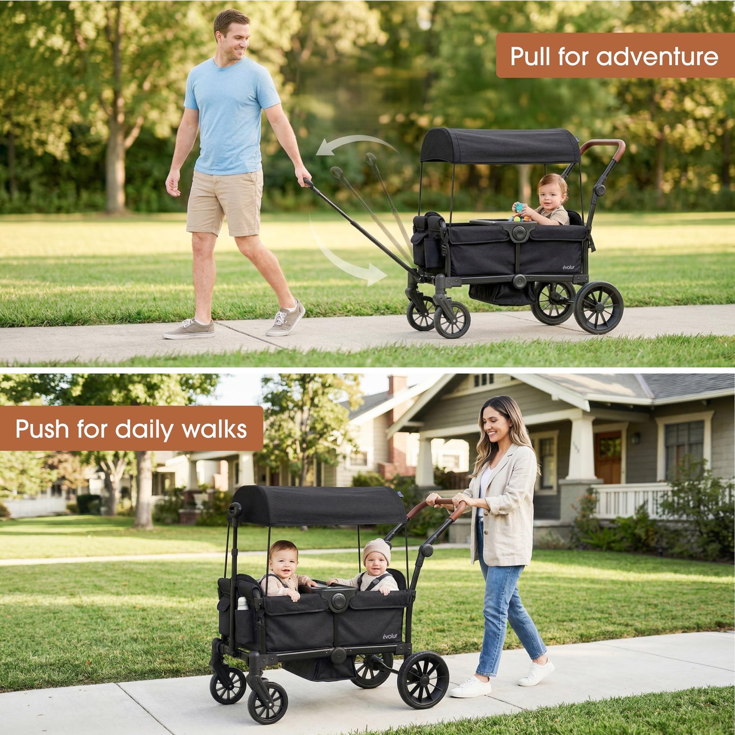 Evolur Trailblazer Wagon Double Stroller in Black, Foldable Infant and Toddler Stroller Wagon, 5-Point Harness, Removable Canopy, All-Terrain Wheels, Spacious Storage for 2 Kids
