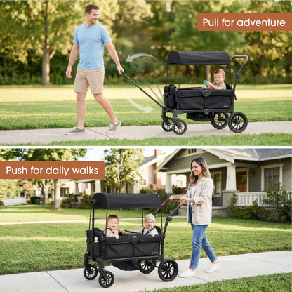 Evolur Trailblazer Wagon Double Stroller in Black, Foldable Infant and Toddler Stroller Wagon, 5-Point Harness, Removable Canopy, All-Terrain Wheels, Spacious Storage for 2 Kids
