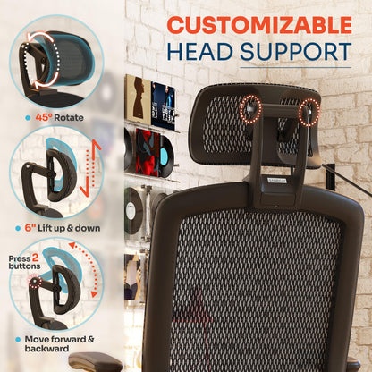 GABRYLLY Ergonomic Office Chair, High Back Home Desk Chair with Headrest, Flip-Up Arms, 90-120° Tilt Lock and Wide Cushion, Big and Tall Mesh Chairs for Man Woman, Black Task Chair(Dark Woodgrain)
