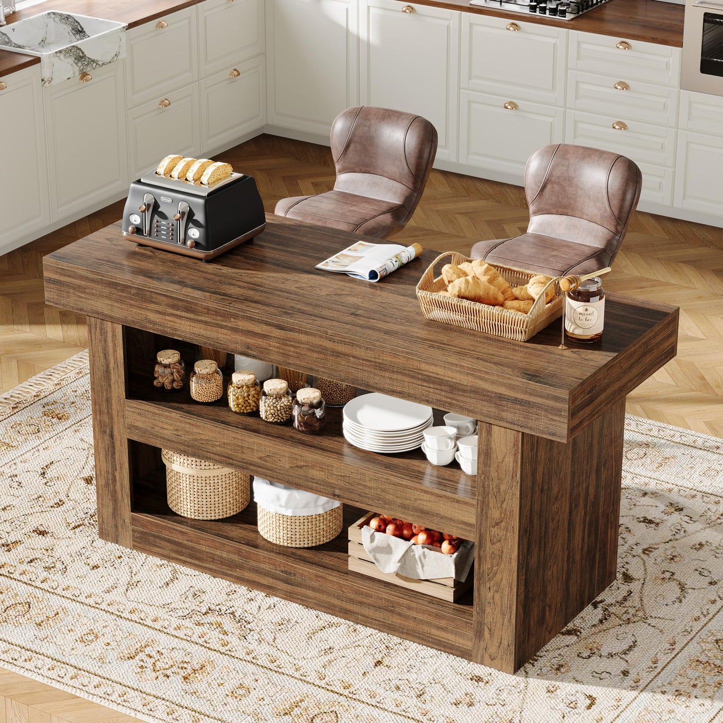 Tribesigns 55-Inch Kitchen Island with Storage, Farmhouse 3-Tier Stationary Island Table with Large Countertop, Wooden Coffee Bar Table Storage Cabinet for Kitchen, Dining Room, Living Room, Brown
