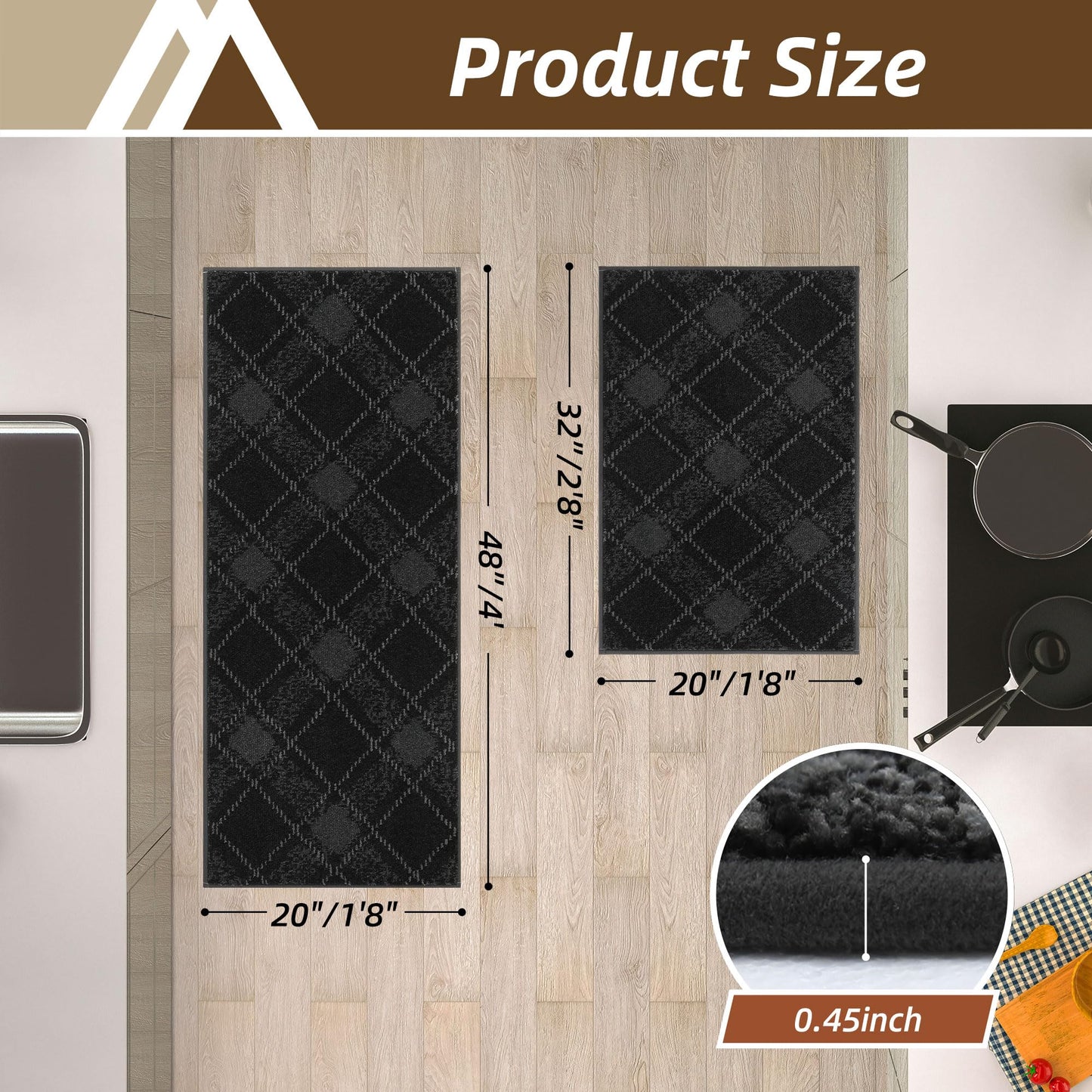 COSY HOMEER Kitchen Rugs and Mats Sets 2PCS Non-Slip Soft Kitchen Mats for Floor Absorbent and Stain Resistant Kitchen Floor Mat Washable Plaid Rugs for Kitchen,20"x32"+20"x48",Dark Grey