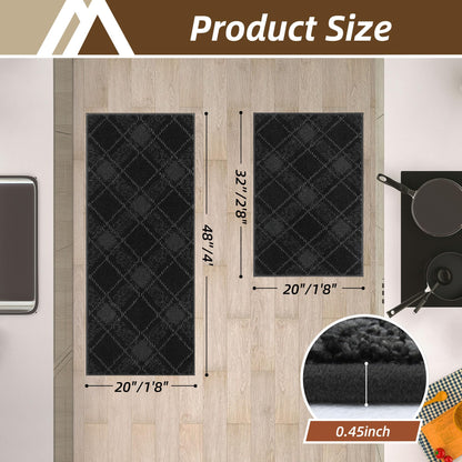 COSY HOMEER Kitchen Rugs and Mats Sets 2PCS Non-Slip Soft Kitchen Mats for Floor Absorbent and Stain Resistant Kitchen Floor Mat Washable Plaid Rugs for Kitchen,20"x32"+20"x48",Dark Grey