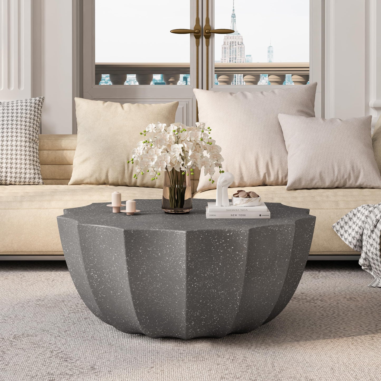 GDFStudio 35.43" Modern Indoor Outdoor Coffee Table, Waterproof Cement Round Table, MgO Concrete Circle Side Table, Creative Shape Small Table for Patio Backyard Living Room, Fully Assembled, Grey