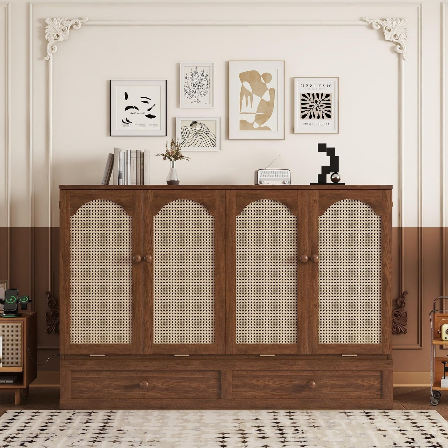 KEIKI Queen Size Murphy Bed Cabinet with Power Station & Large Drawer, Pine Wood Folding Chest Bed with Rattan Panel, Space-Saving Wall Bed, Walnut